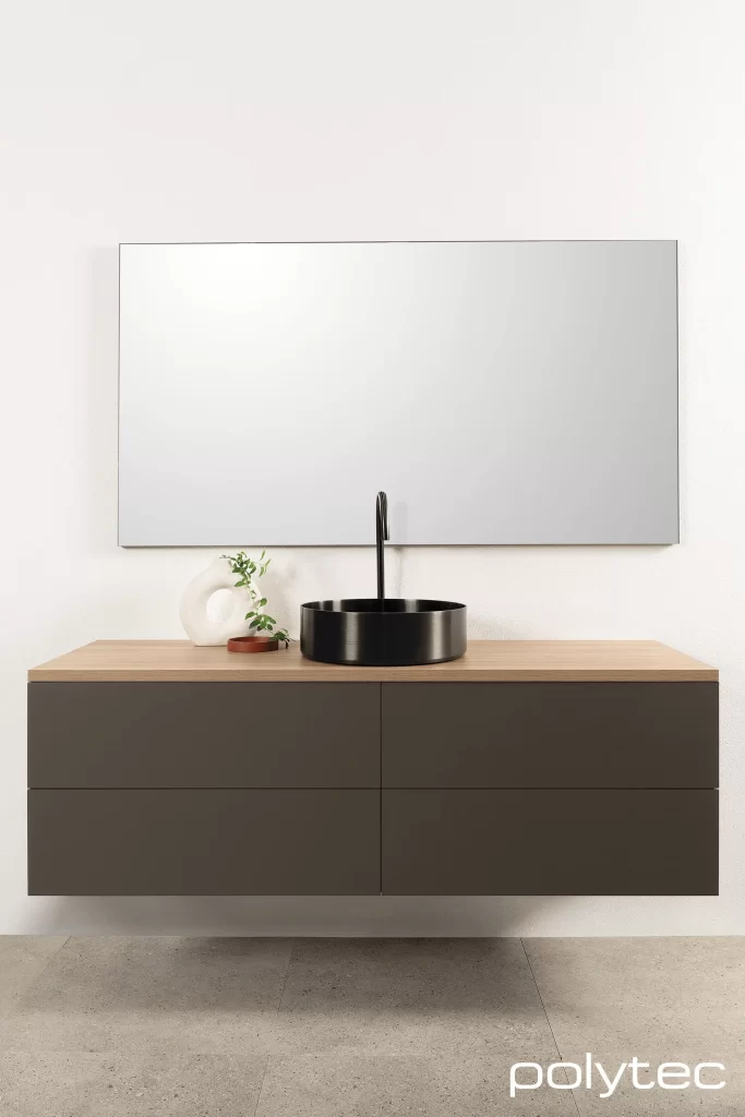 Bathroom Vanity With A Floating Design And A Round Vessel Sink